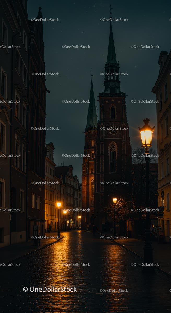 Gothic Church Towers and Cobblestone Street at Night