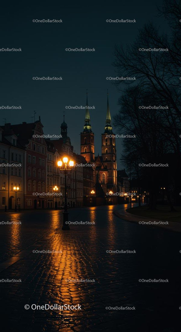 Oświetlone Zabytkowe Budynki i Kościół Nocą