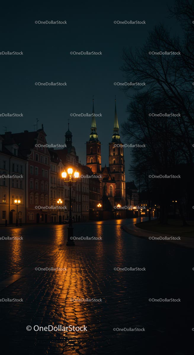 Illuminated Historic Buildings and Church at Night