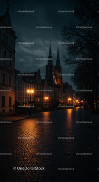 Gothic Cathedral and Cobblestone Street at Twilight
