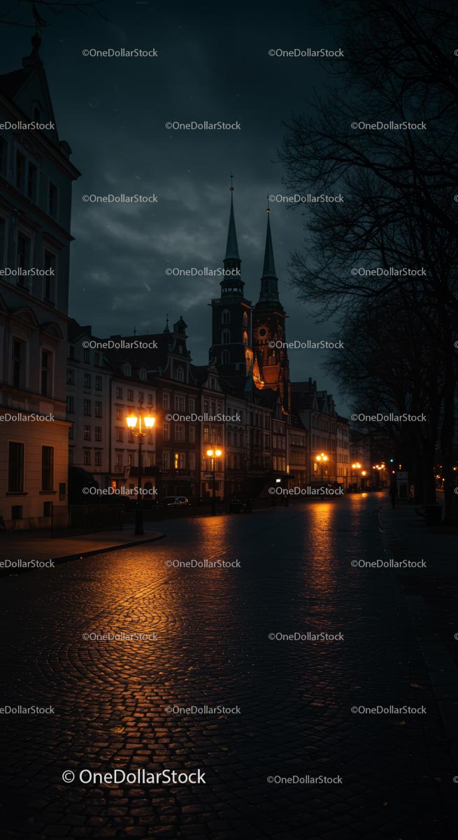 Gothic Cathedral and Cobblestone Street at Twilight