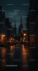 Historic European Street with Church Towers at Night