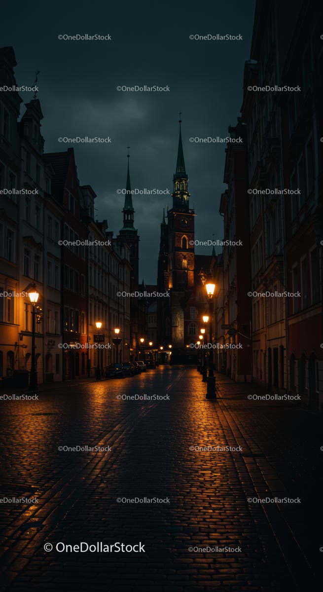 Historic European Street with Church Towers at Night