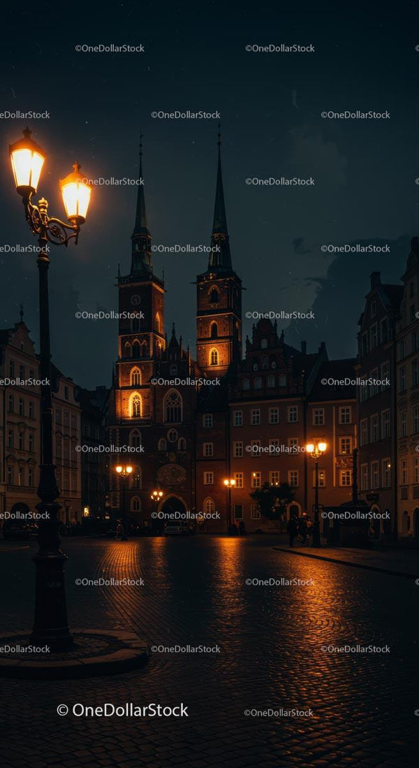 Gotycka Katedra Oświetlona Nocą na Starym Mieście