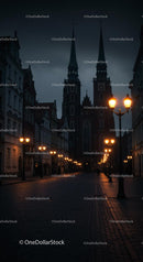 Gothic Church Towers Illuminated by Street Lamps at Dusk