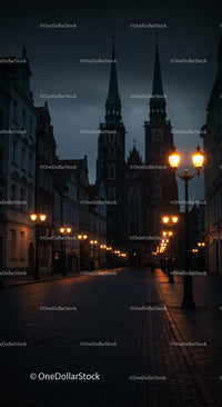 Gothic Church Towers Illuminated by Street Lamps at Dusk