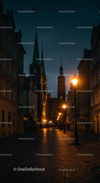 Gothic Street View with Illuminated Lamps at Dusk