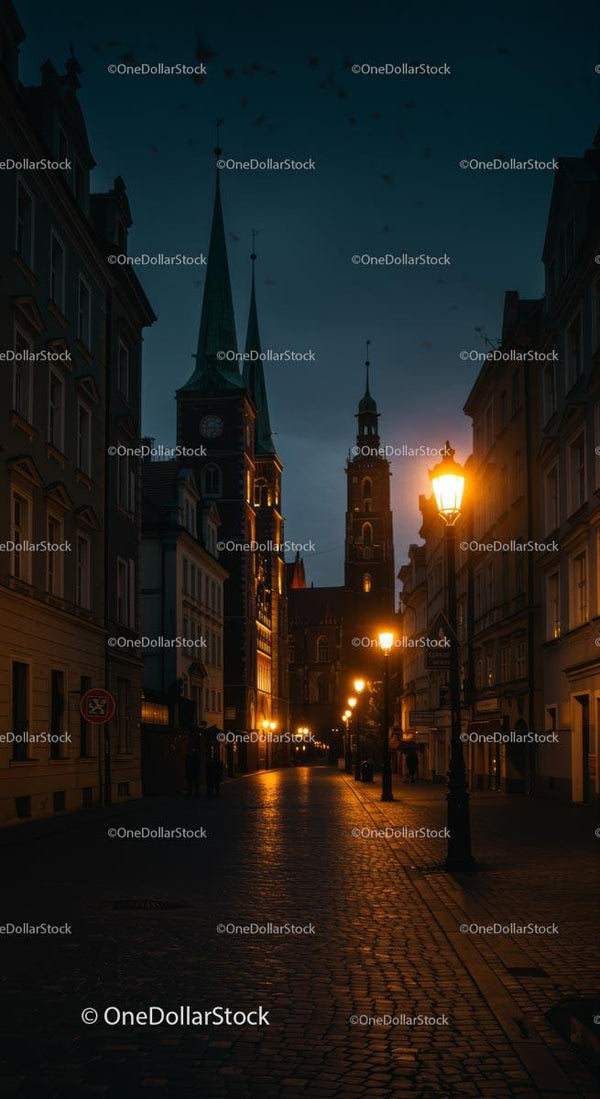 Gotycki widok ulicy z oświetlonymi lampami o zmierzchu