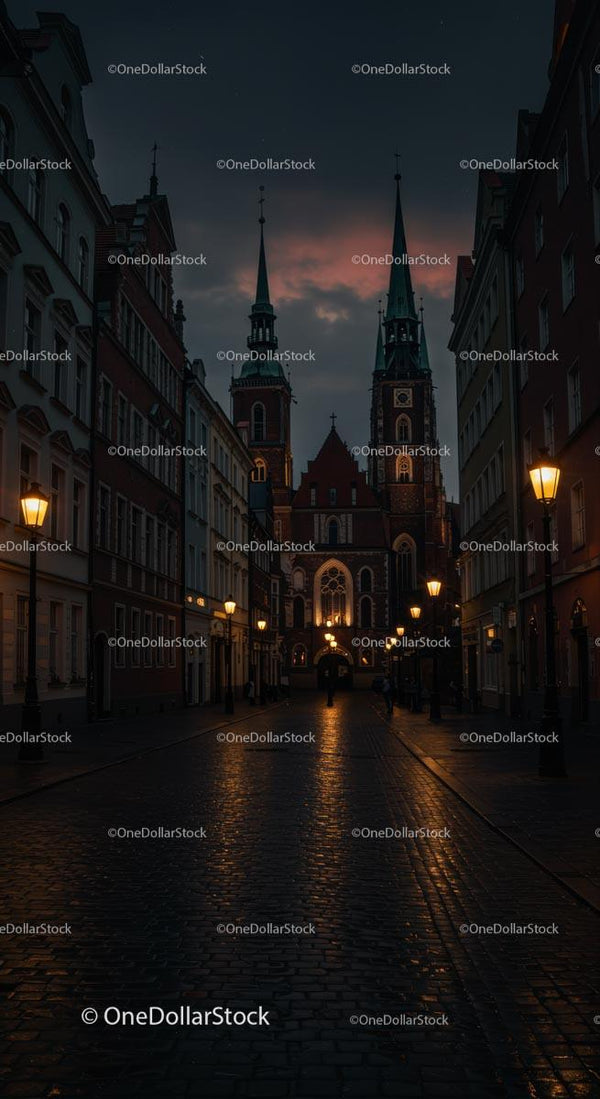 Gotycka Katedra Oświetlona na Cichej Nocnej Ulicy