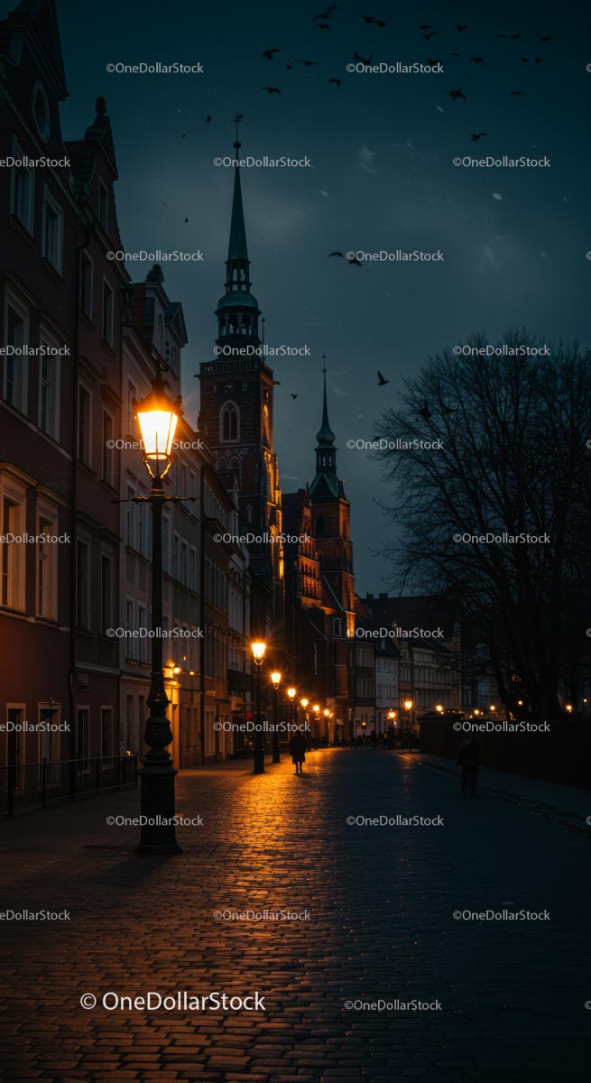 Historic City Street at Night with Illuminated Lamps