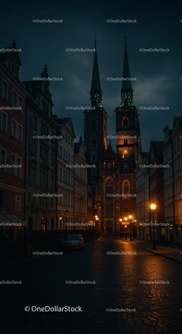 Gotycka Katedra Oświetlona w Wieczornym Mieście