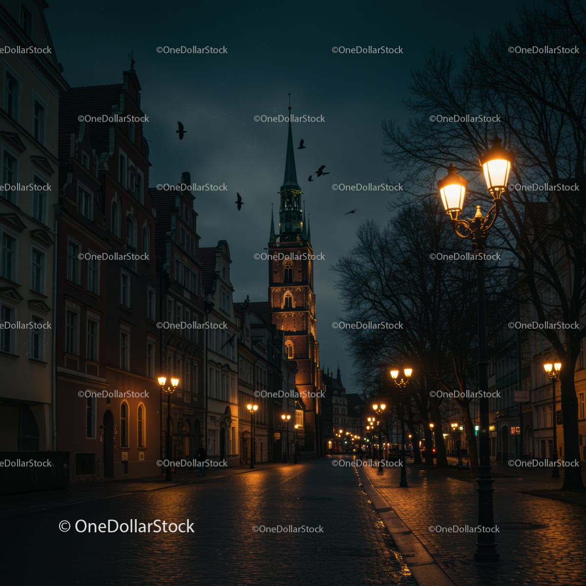 Gothic Church Tower on Quiet Cobblestone Street