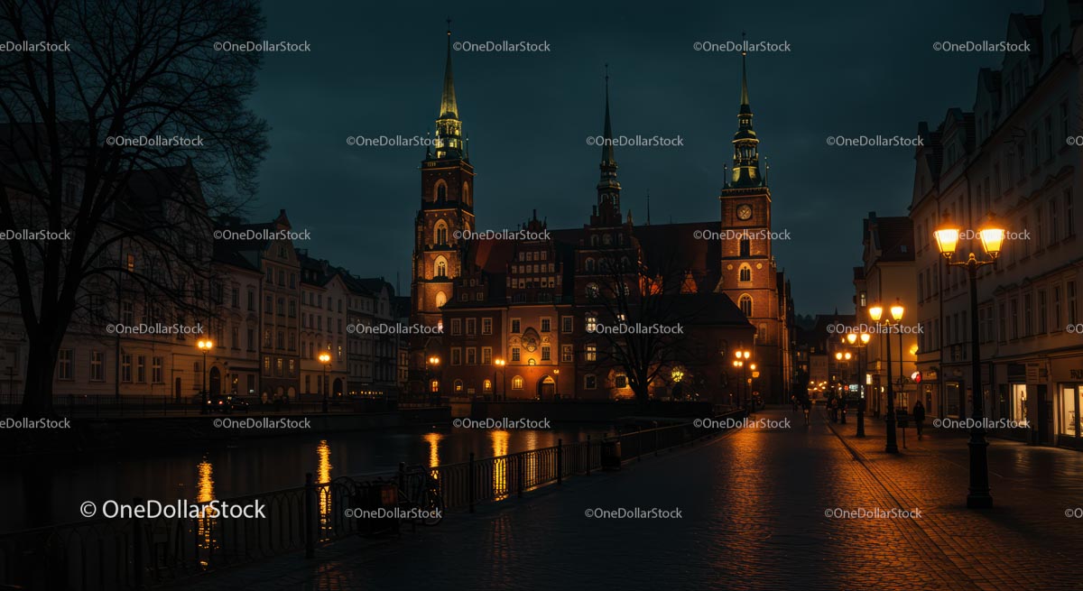 Gothic Cathedral and Illuminated Buildings at Night