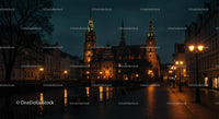 Gothic Cathedral and Illuminated Buildings at Night