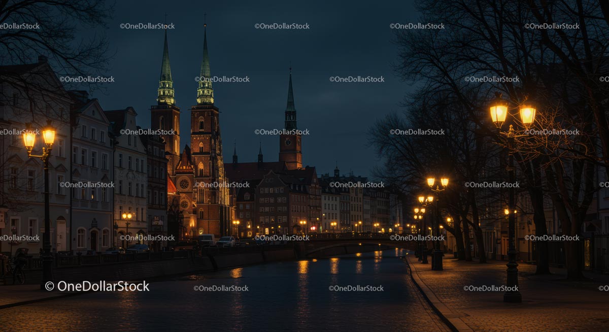 Gothic Cathedral at Night with Street Lamps and Reflections
