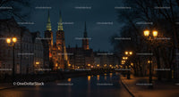 Gothic Cathedral at Night with Street Lamps and Reflections