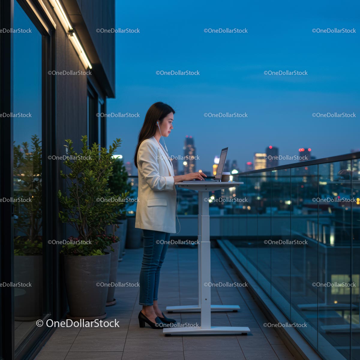 Businesswoman Working on Rooftop with Stunning Cityscape