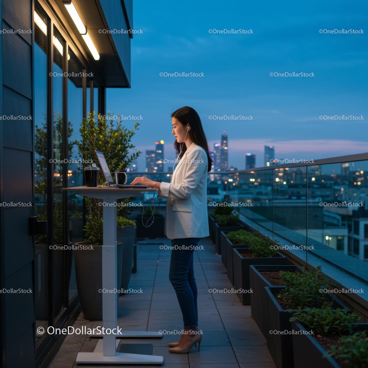 Businesswoman at Standing Desk on Rooftop at Dusk
