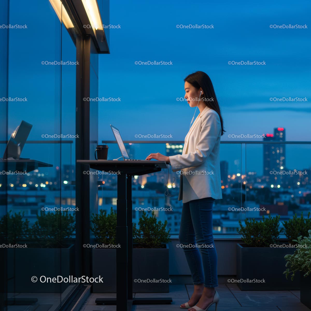 Businesswoman Working on Laptop at Rooftop Office During Dusk
