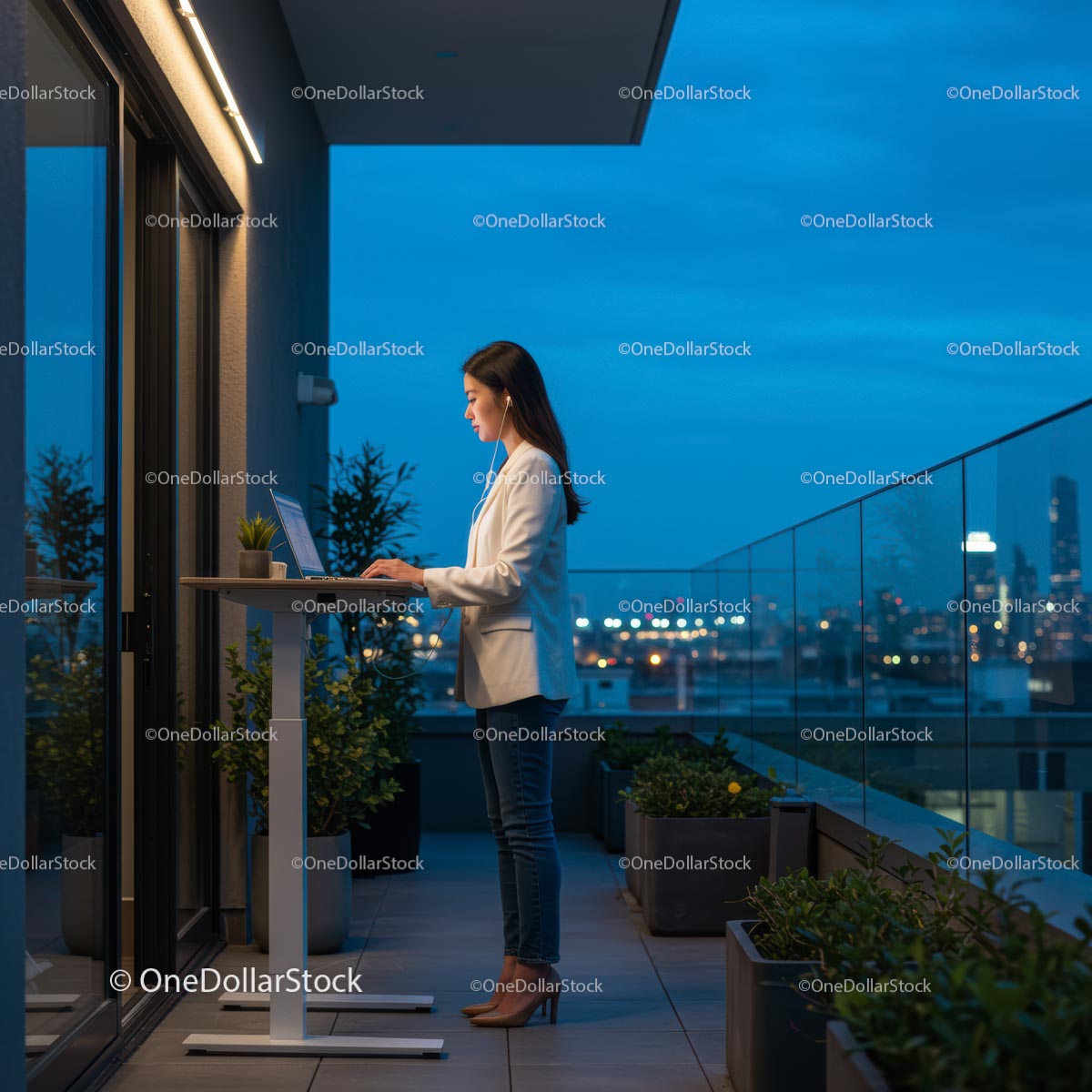 Professional Woman Working at Standing Desk on Balcony