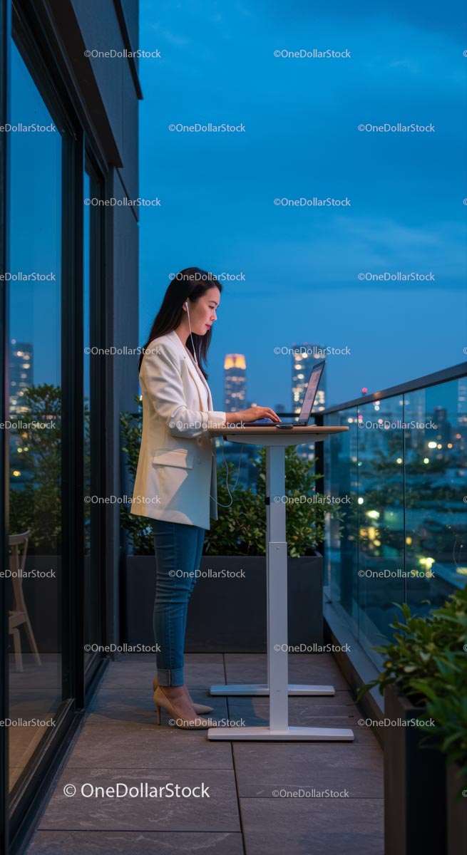 Businesswoman Using Laptop on Rooftop Balcony at Dusk