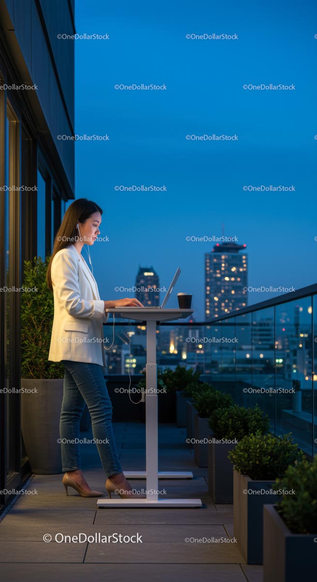 Businesswoman Working on Rooftop Balcony with City View
