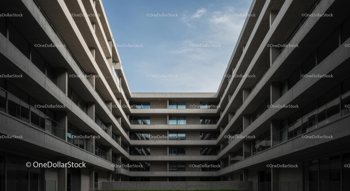 Modern Symmetrical Concrete Building with Open Courtyard