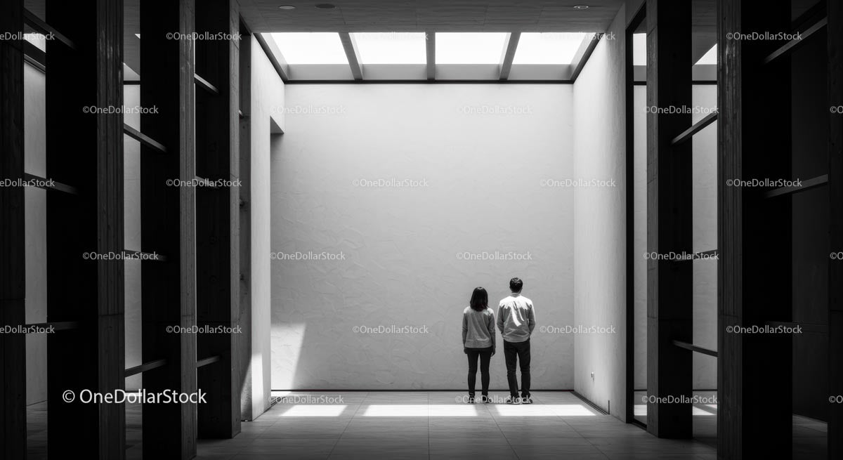 Minimalist Interior with Skylight and Two People