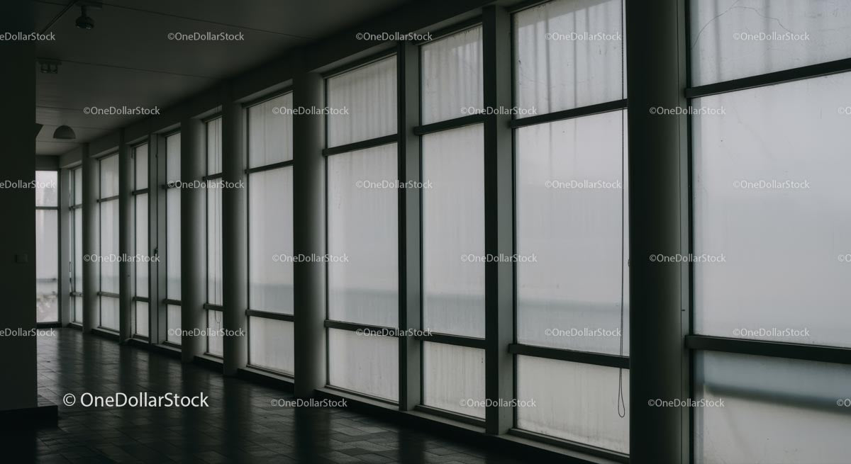 Pusty korytarz z dużymi oknami i minimalistycznym designem