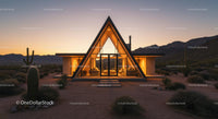 Modern A-frame Cabin at Sunset in a Serene Desert Landscape