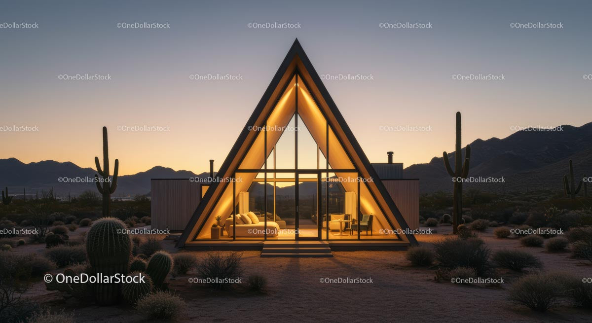 A-Frame House Illuminated at Sunset in Desert Setting