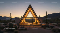A-Frame House Illuminated at Sunset in Desert Setting