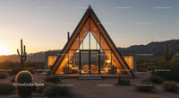 Modern A-Frame House in Stunning Desert Landscape at Sunset