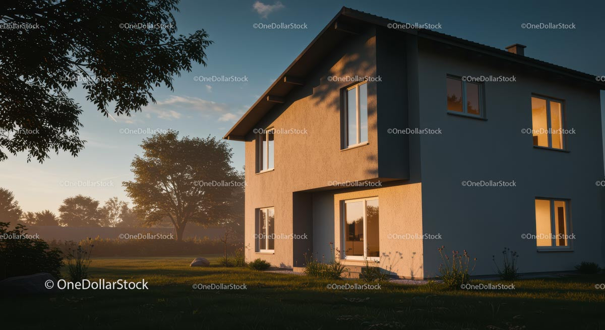 Modern House at Sunset with Serene Green Landscape