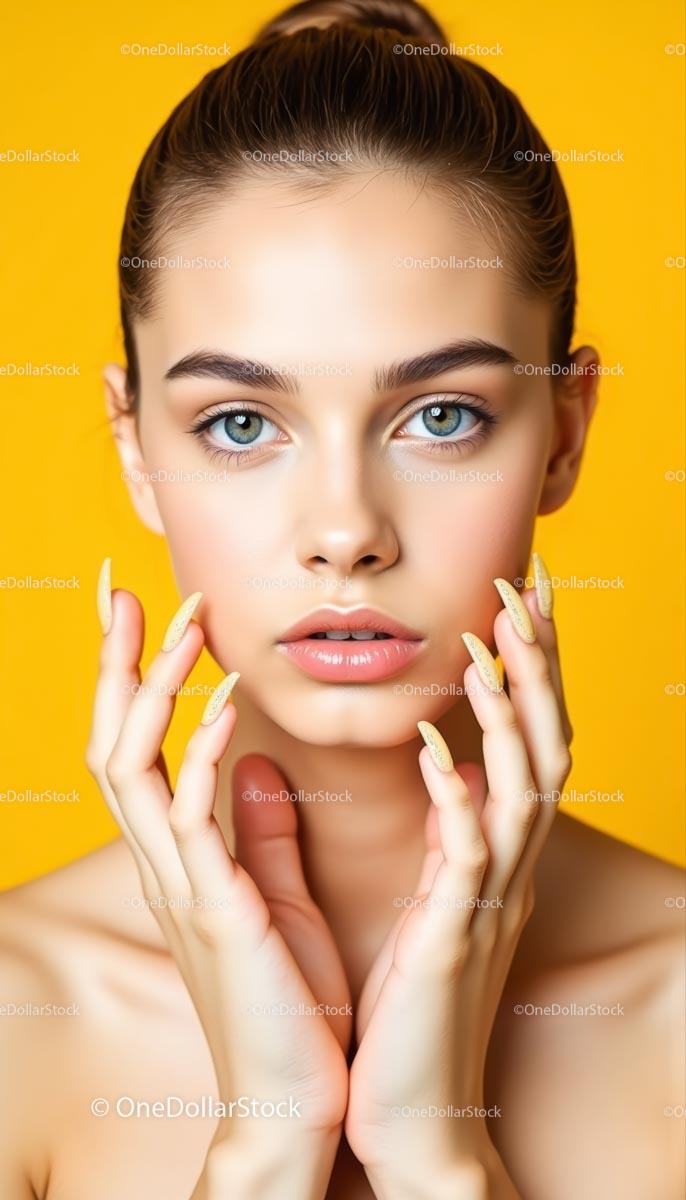 Elegancka młoda kobieta z żółtym manicure na żywym tle