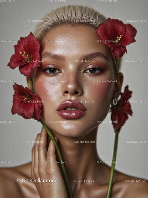 Elegancka kobieta z czerwonymi kwiatami hibiskusa - portret