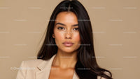 Elegant Woman with Long Dark Hair on Beige Background