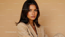 Confident Woman in Beige Blazer with Neutral Background