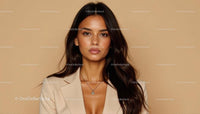 Elegant Woman in Beige Suit with Long Dark Hair