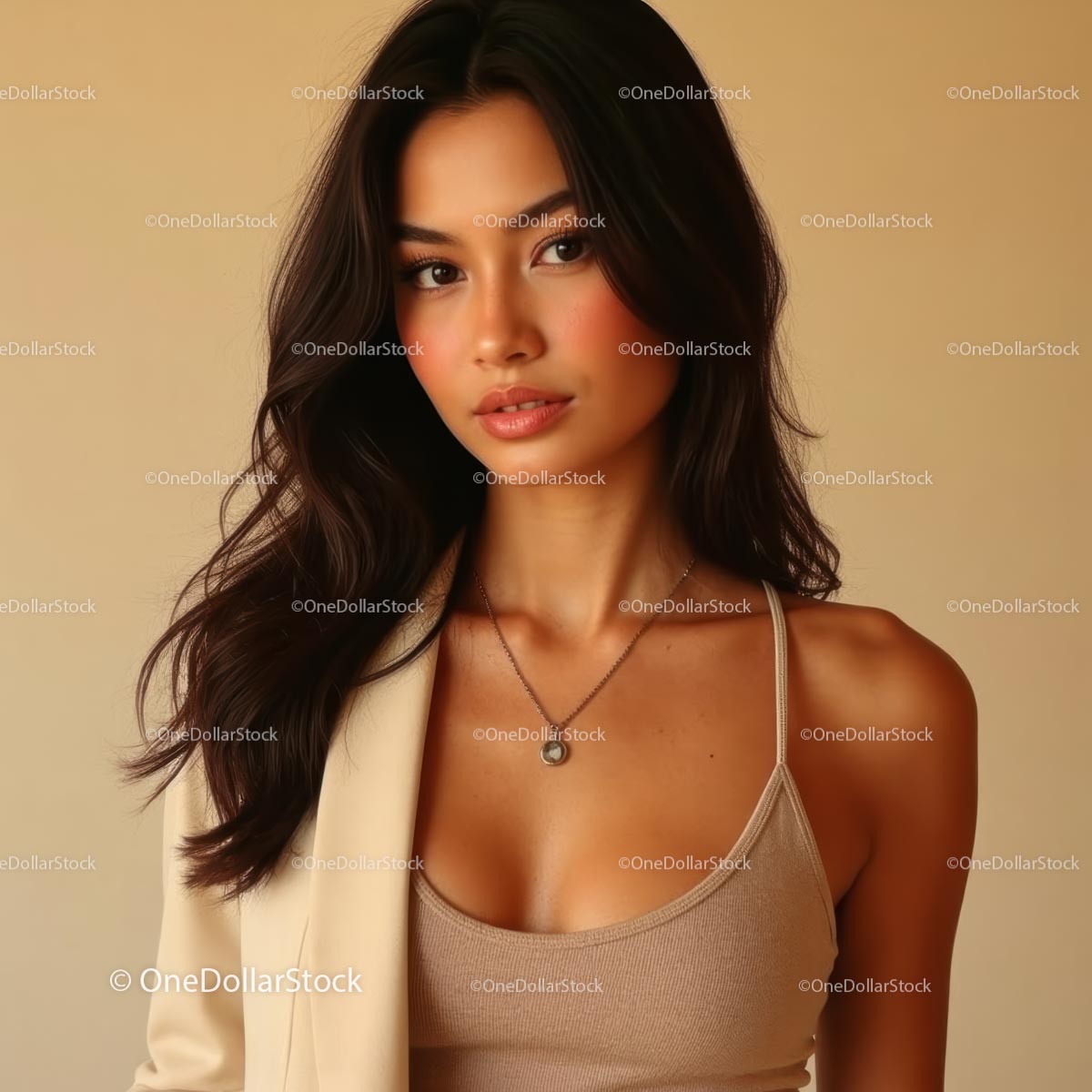 Elegant Woman in Beige Top with Soft Lighting