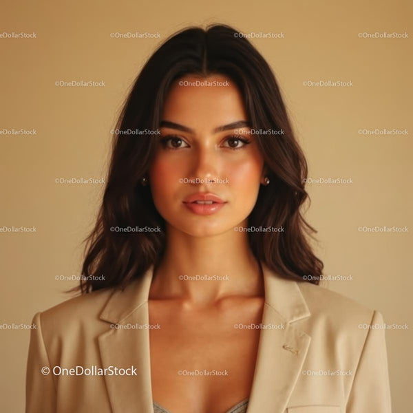Elegancka kobieta w biznesowym stroju z pewnym siebie wyrazem twarzy