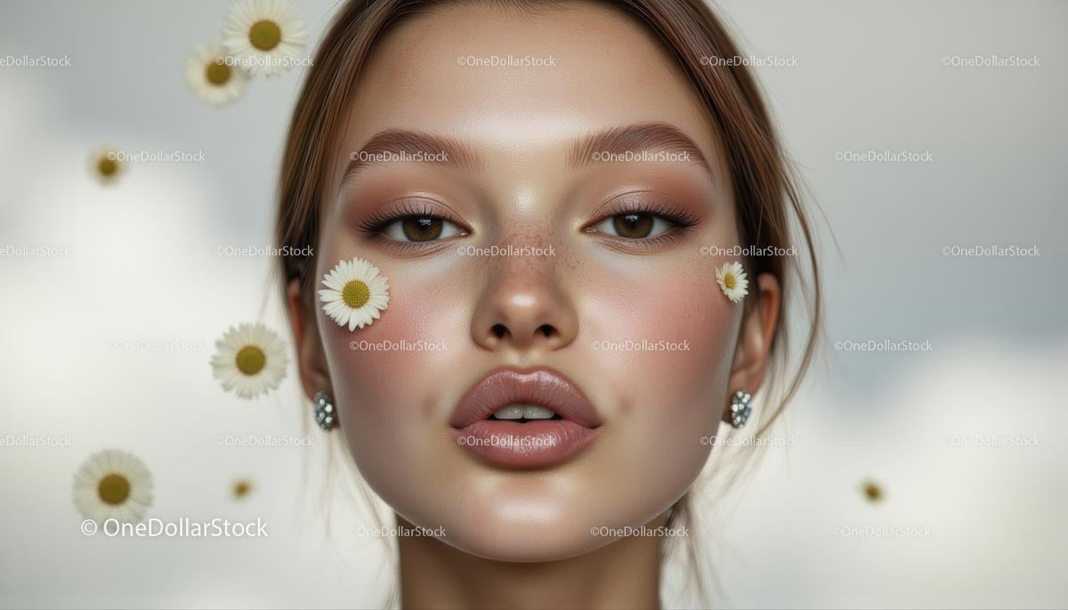 Portret młodej kobiety z stokrotkami z bliska