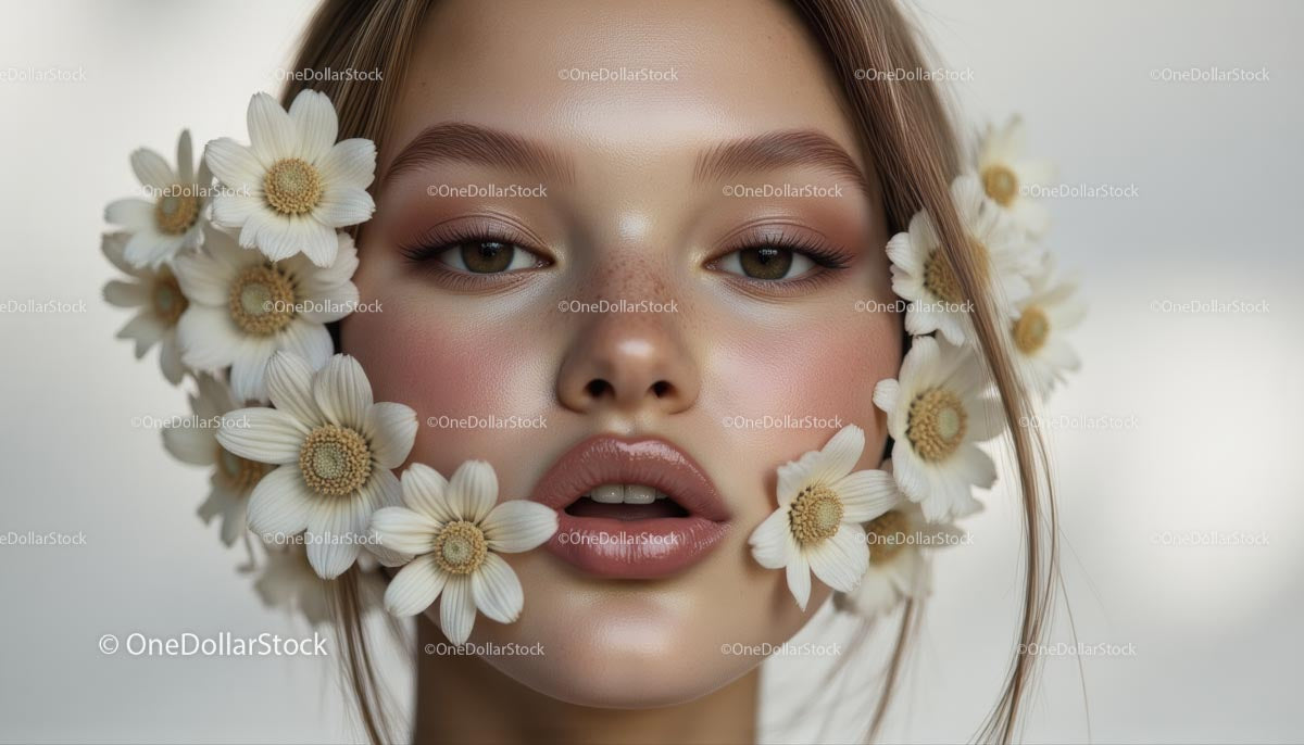 Young Woman Surrounded by Delicate Daisy Flowers