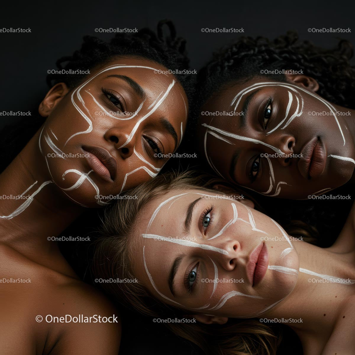 Diverse Women with Tribal Face Paint in Close-up Portrait