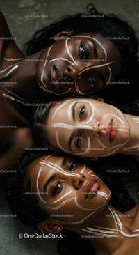 Three Women with Intricate White Face Paint Patterns