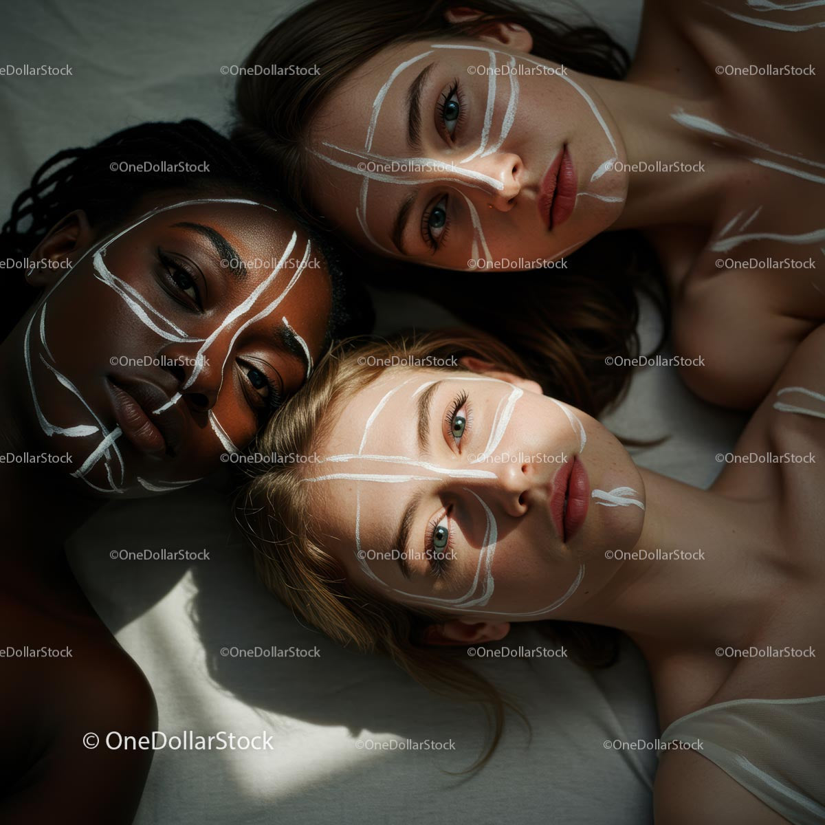 Three Women with Artistic Face Paint and Expressive Eyes