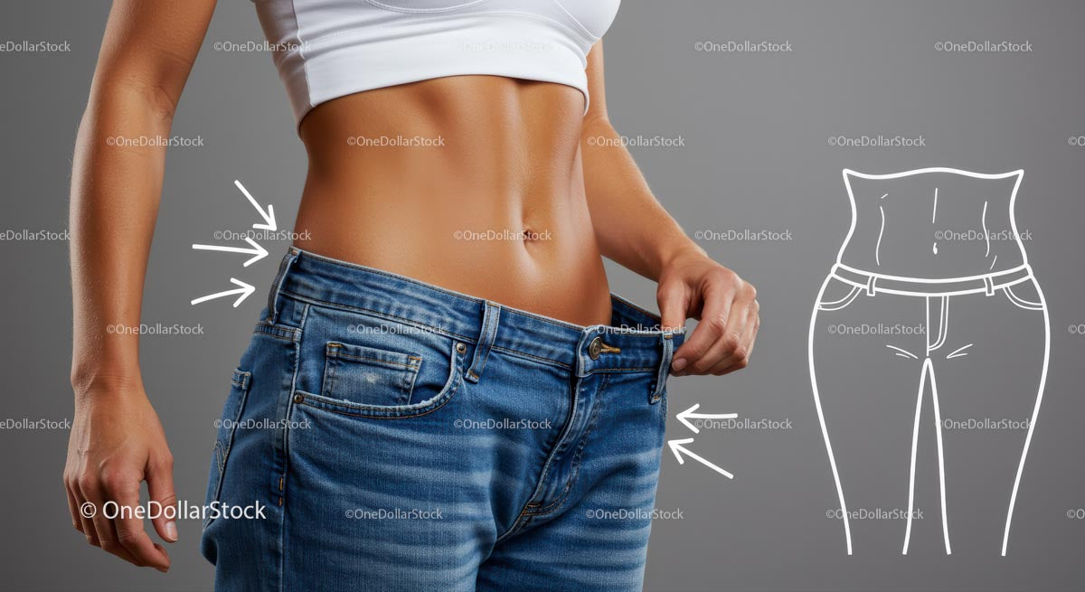 Slim Waist in Loose Blue Jeans Showcasing Weight Loss