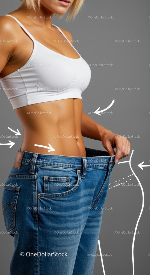 Sukces fitness z luźnymi dżinsami i wysportowanym ciałem