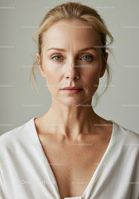 Elegant Portrait of a Serene Mature Woman in White Blouse