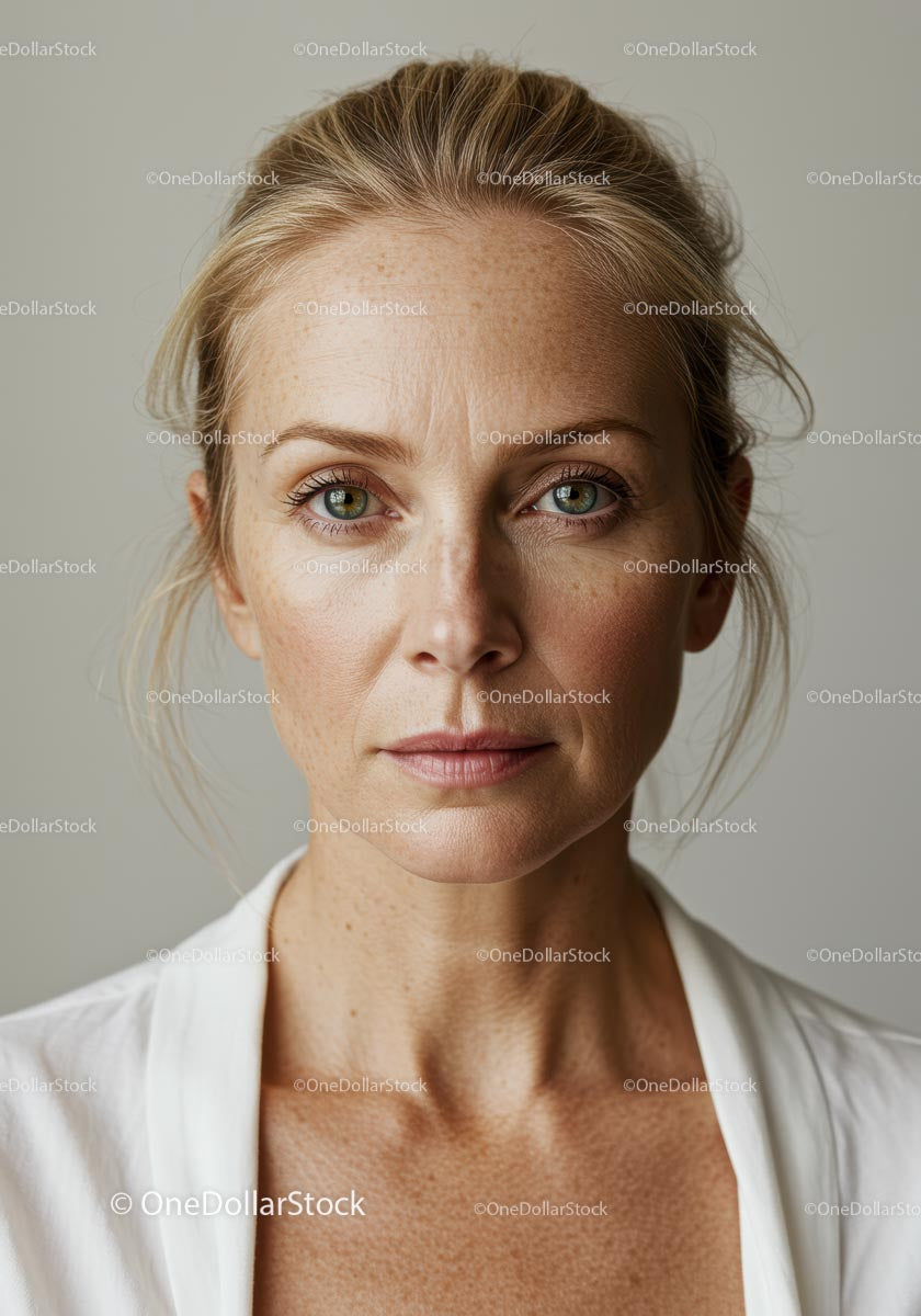 Portret dojrzałej kobiety z blond włosami z bliska